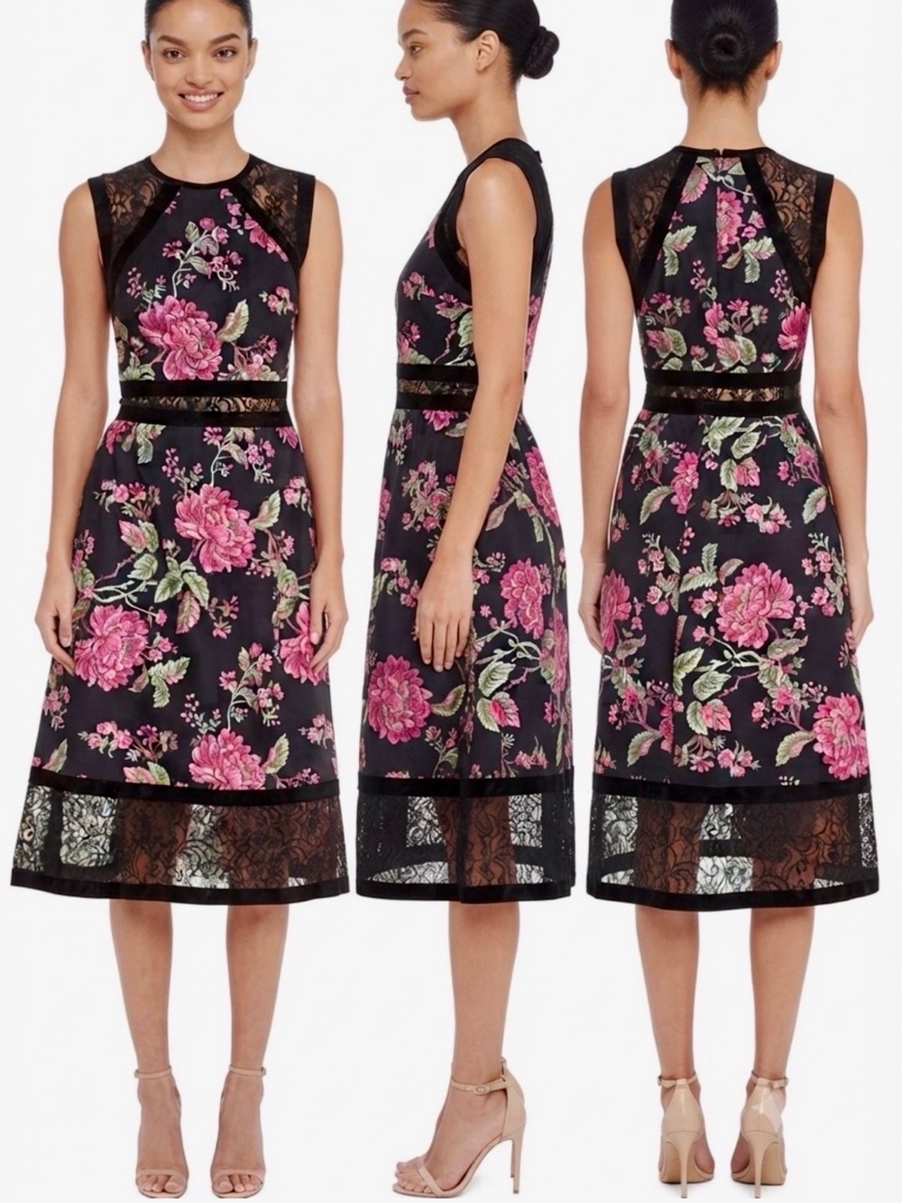 NWT Tadashi Shoji Floral Sleeveless Midi Dress  Fit & Flare Lace Neoplan